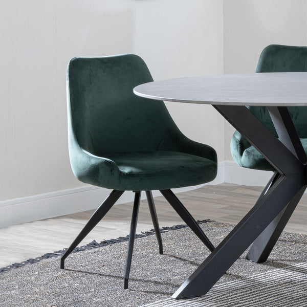 Harbo Green Velvet Fabric Swivel Dining Chair with Black Legs