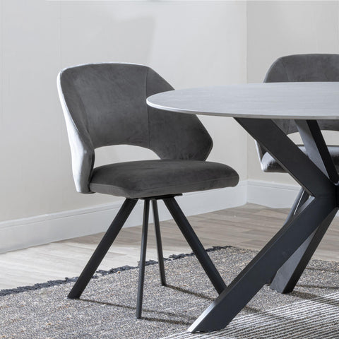 Juno Dark Grey Fabric Swivel Dining Chair with Black Legs