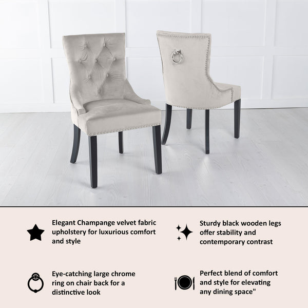 Monte Champagne KnockerBack Velvet Fabric Dining Chair with Black Legs
