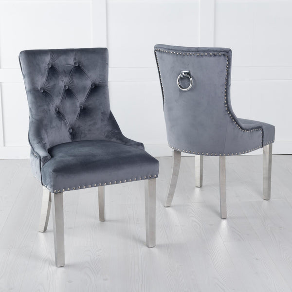Monte Grey KnockerBack Velvet Fabric Dining Chair with Chrome Legs