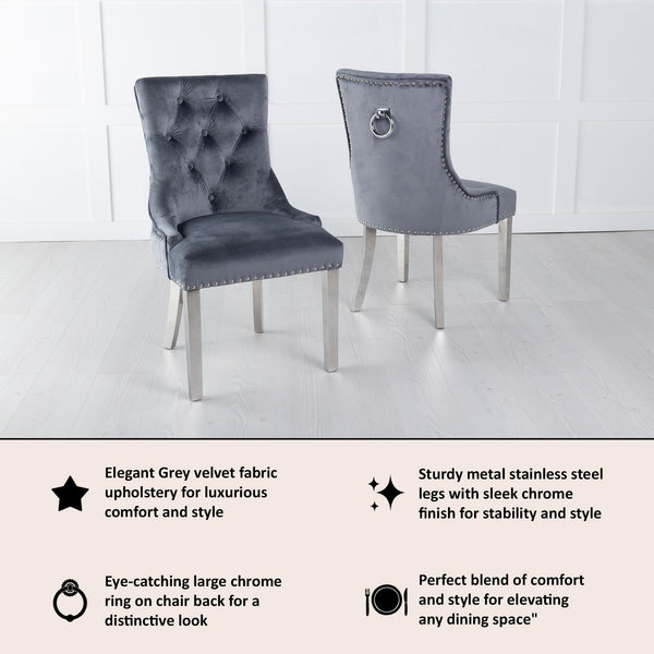 Monte Grey KnockerBack Velvet Fabric Dining Chair with Chrome Legs
