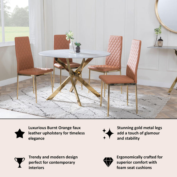 Salvo Dining Chairs in Burnt Orange Colour Leather and Gold Metal Legs