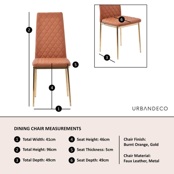 Salvo Dining Chairs in Burnt Orange Colour Leather and Gold Metal Legs