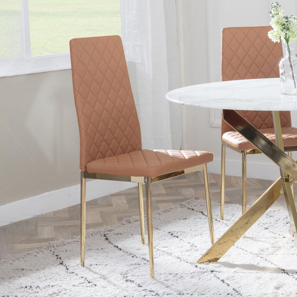 Salvo Dining Chairs in Burnt Orange Colour Leather and Gold Metal Legs