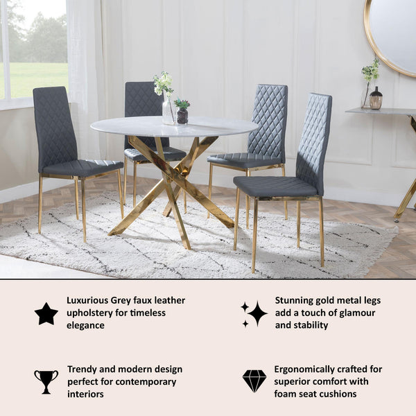 Salvo Dining Chairs in Grey Colour Leather and Gold Metal Legs