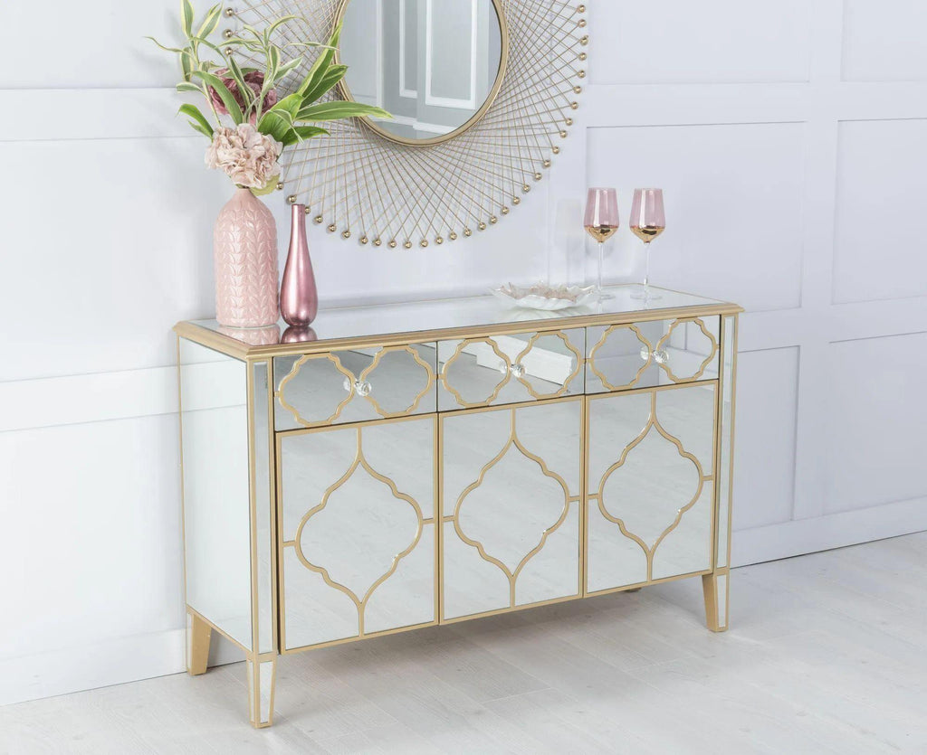 Cairo Mirrored Gold Trim Large Sideboard - 3 Doors