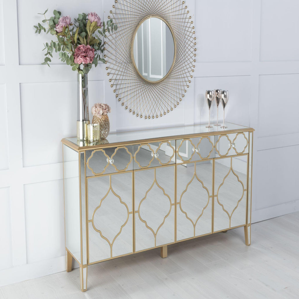 Cairo Mirrored Gold Trim Large Sideboard - 4 Doors