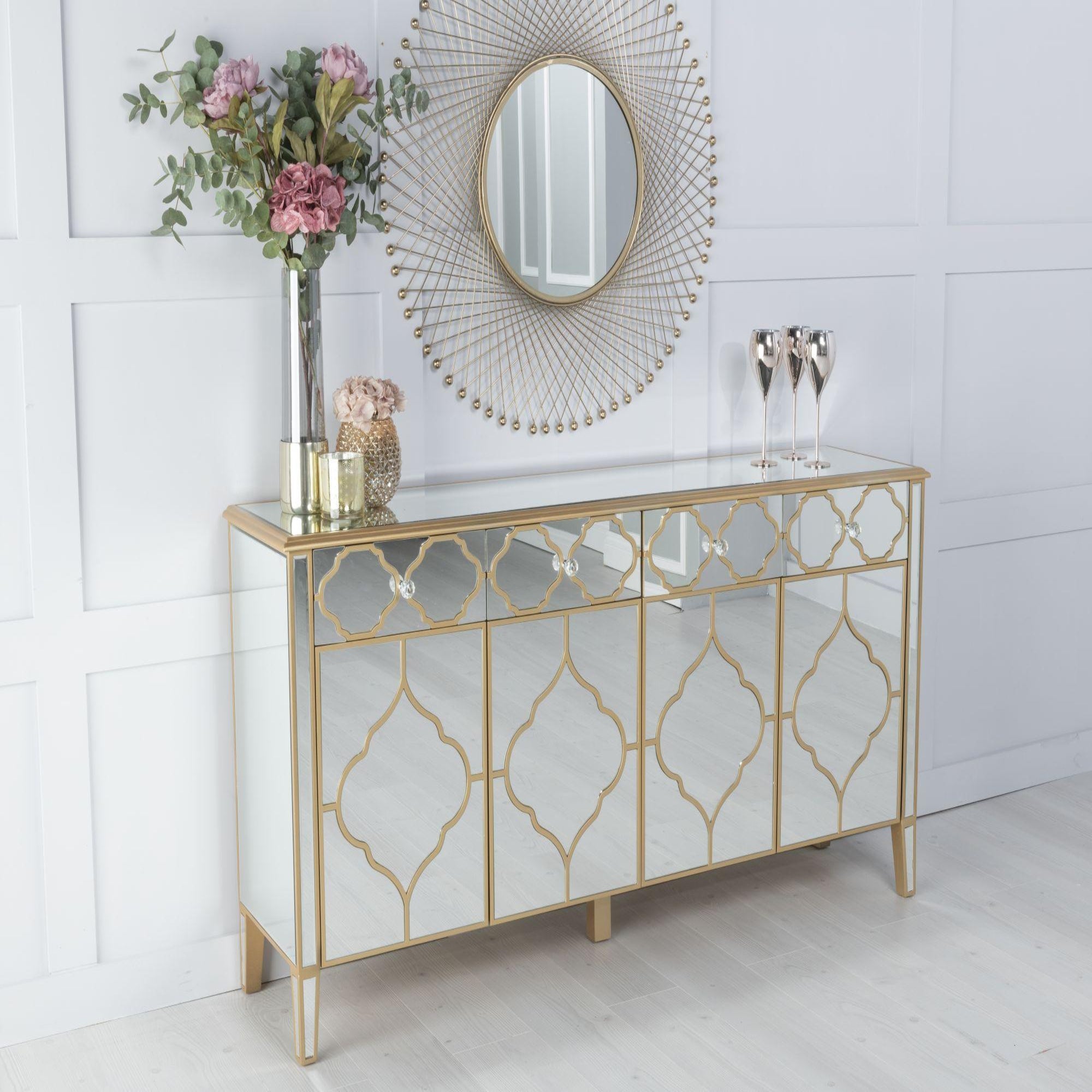 Cairo Mirrored Gold Trim Large Sideboard - 4 Doors