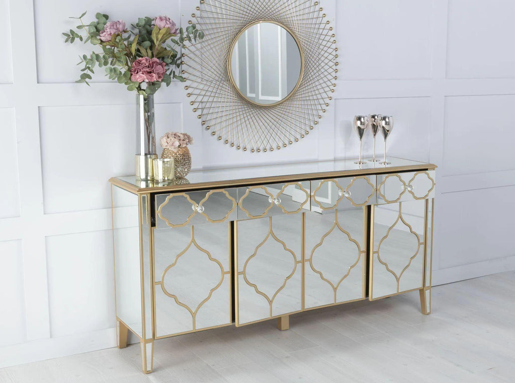Cairo Mirrored Gold Trim Large Sideboard - 4 Doors
