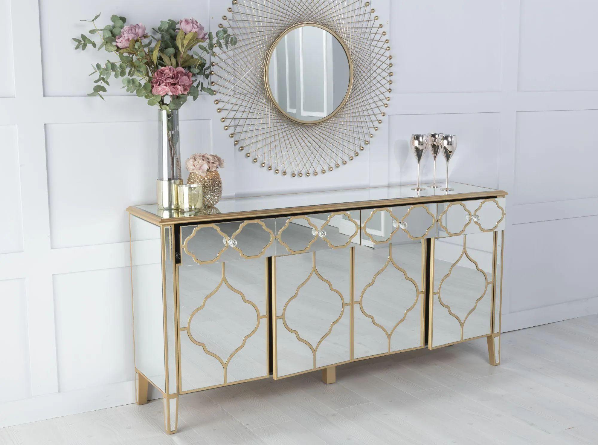 Cairo Mirrored Gold Trim Large Sideboard - 4 Doors