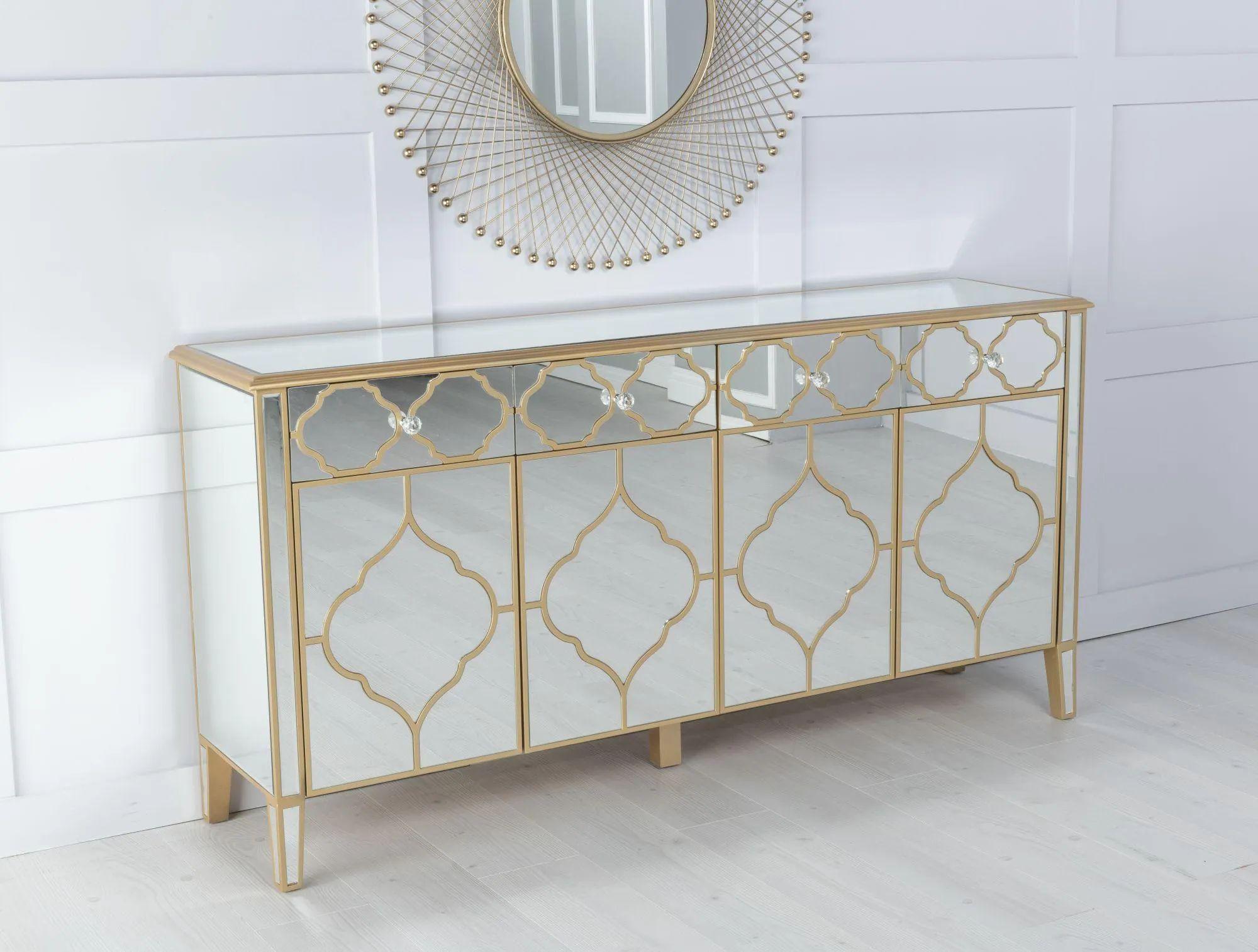 Cairo Mirrored Gold Trim Large Sideboard - 4 Doors