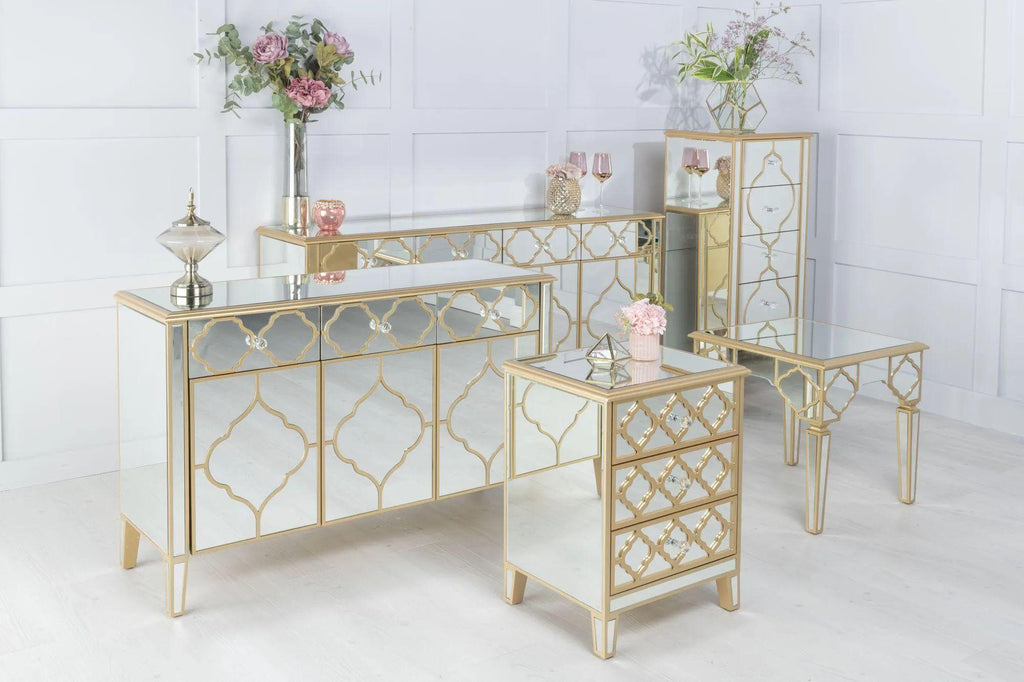 Cairo Mirrored Gold Trim Large Sideboard - 4 Doors