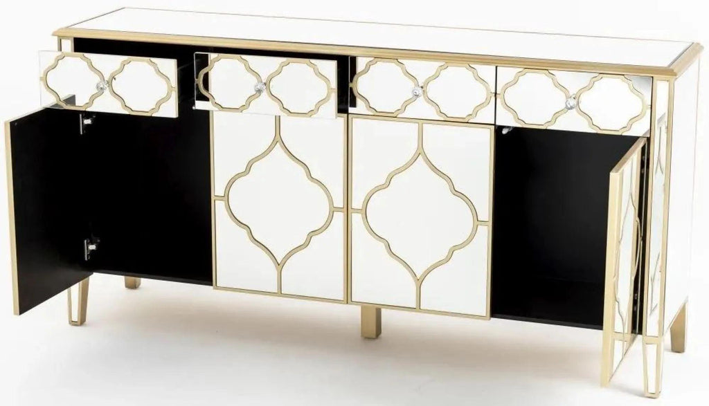 Cairo Mirrored Gold Trim Large Sideboard - 4 Doors