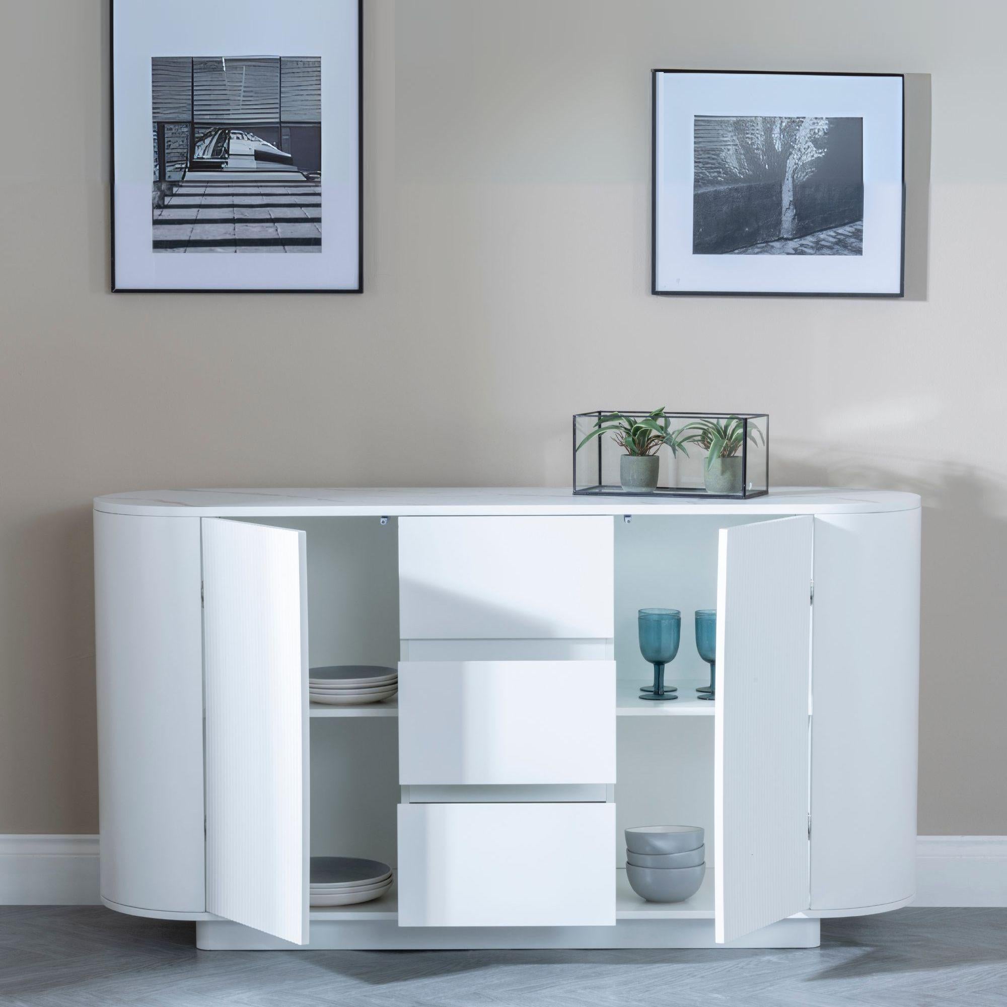 Mondrian White Melamine Top Curved Fluted Sideboard