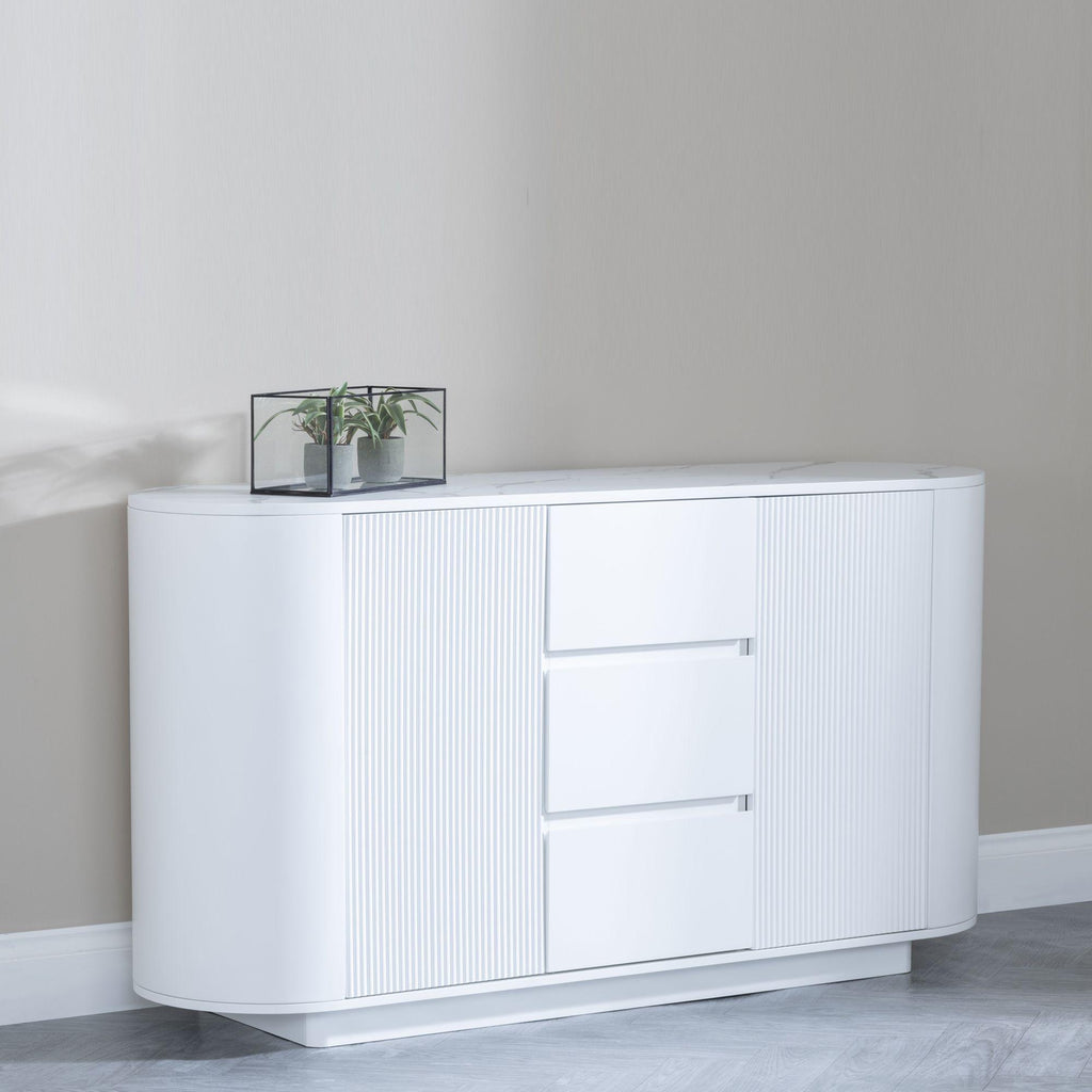 Mondrian White Melamine Top Curved Fluted Sideboard