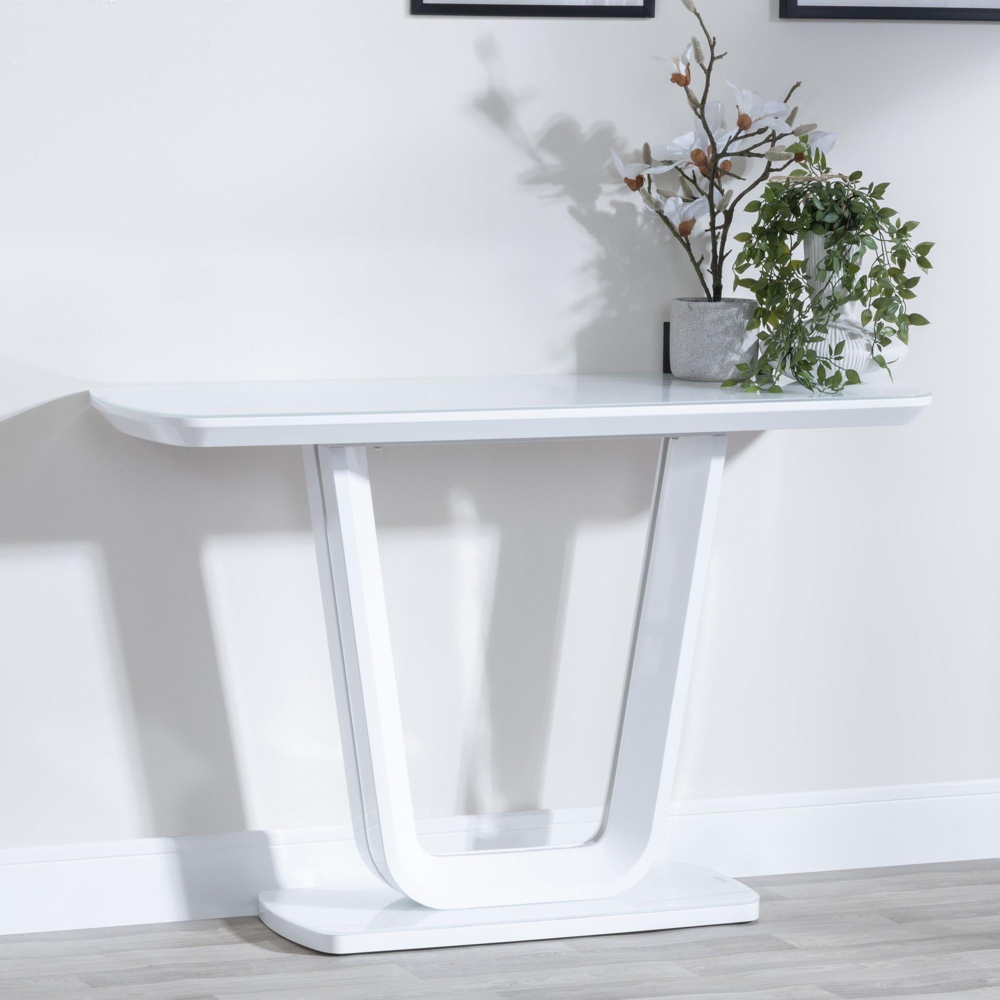 Alpen White Gloss Console Table with Glass Top