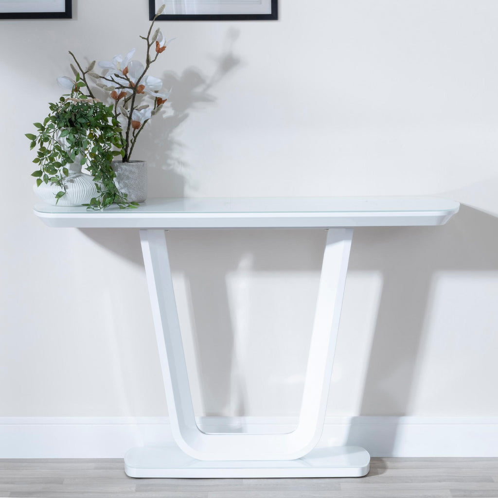 Alpen White Gloss Console Table with Glass Top