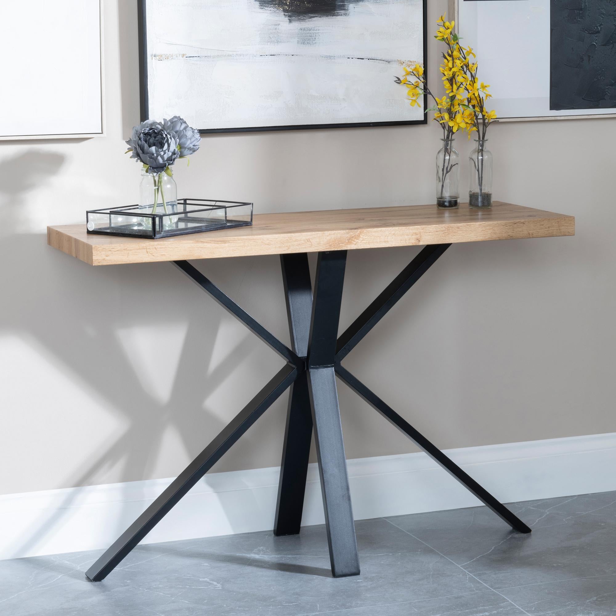 Cadell Industrial Oak Effect Console Table with Black Spider Legs