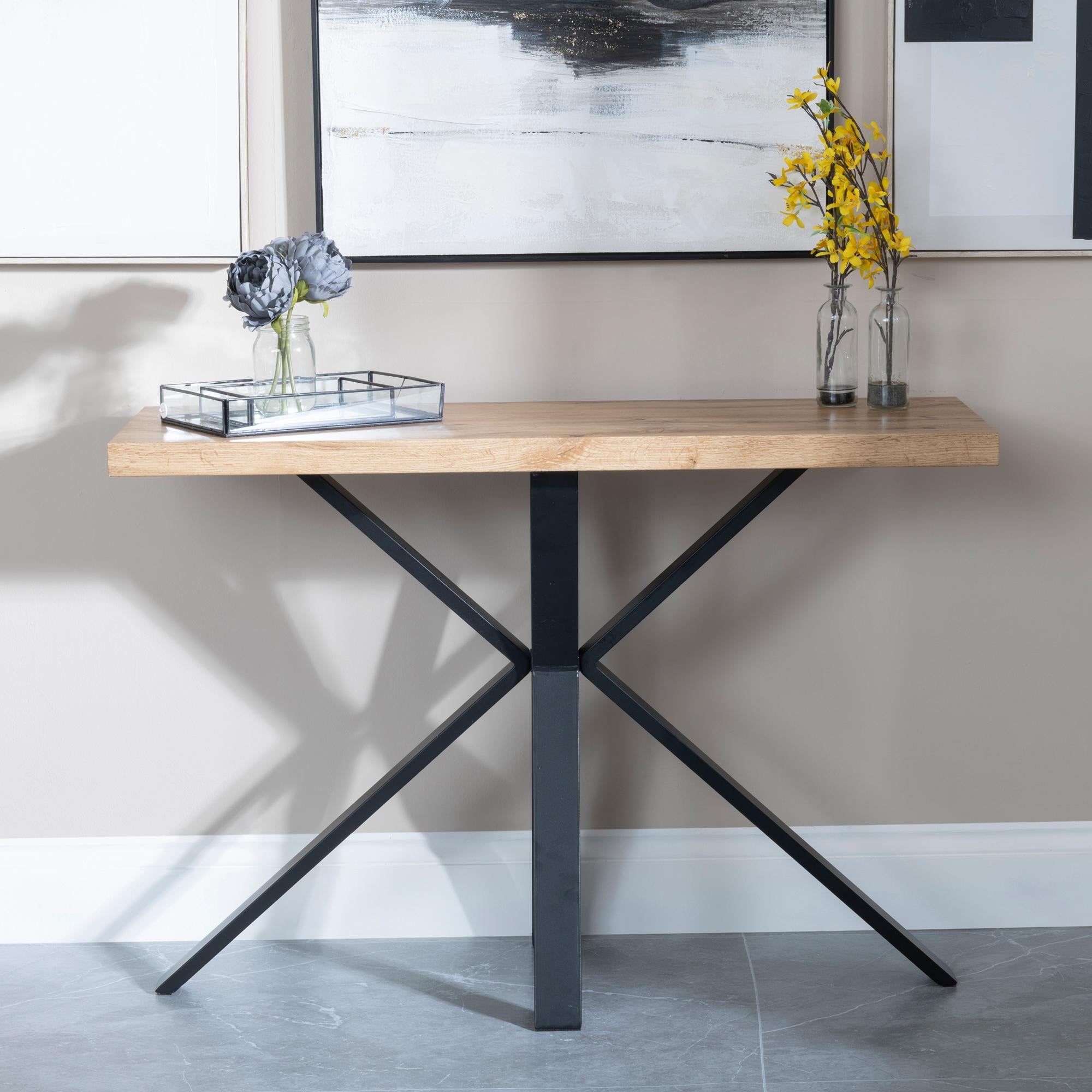 Cadell Industrial Oak Effect Console Table with Black Spider Legs
