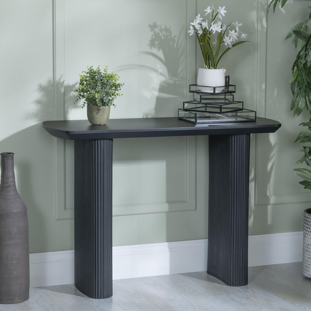 Renzo Black Oval Console Table with Fluted Ribbed Double Pedestal Base