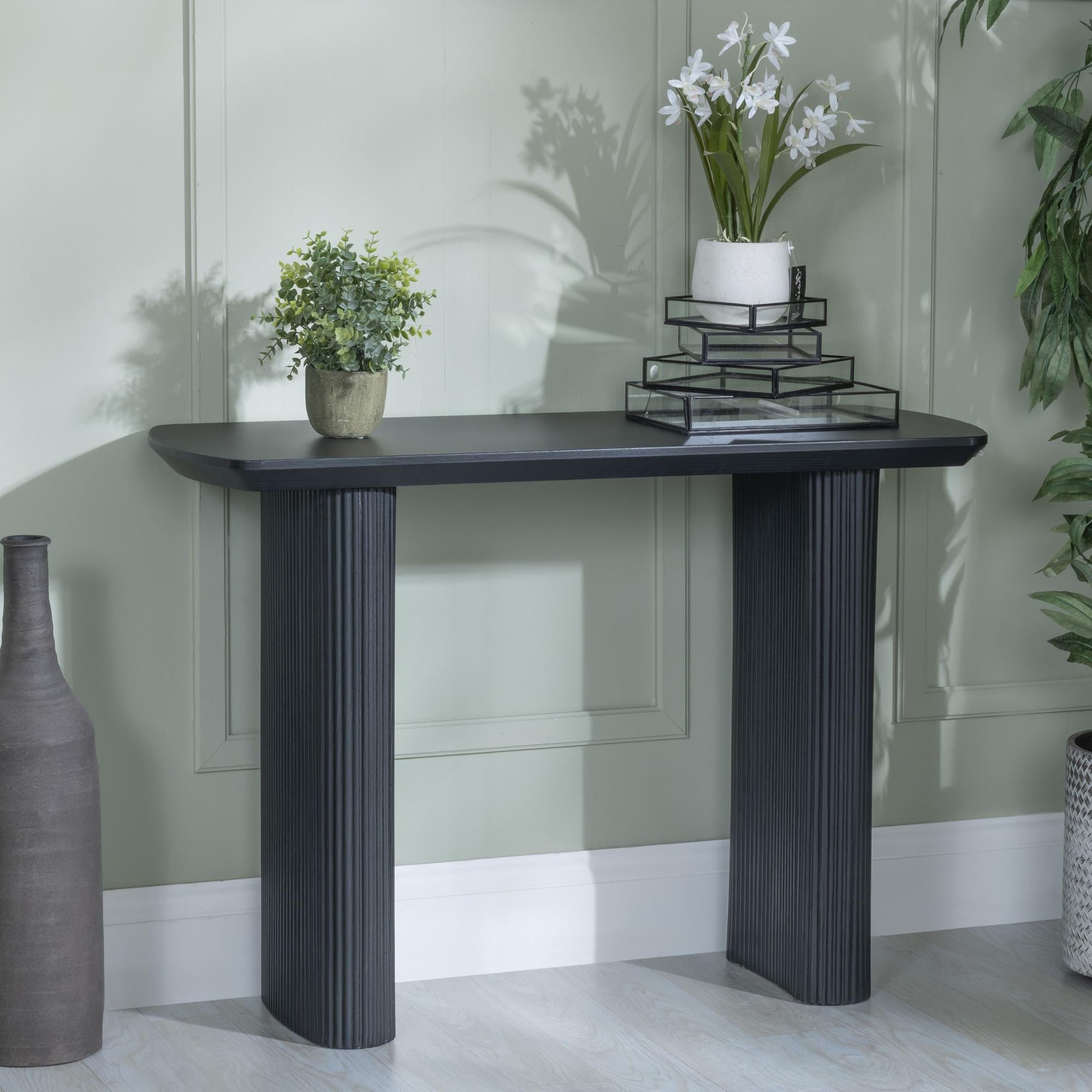 Renzo Black Oval Console Table with Fluted Ribbed Double Pedestal Base