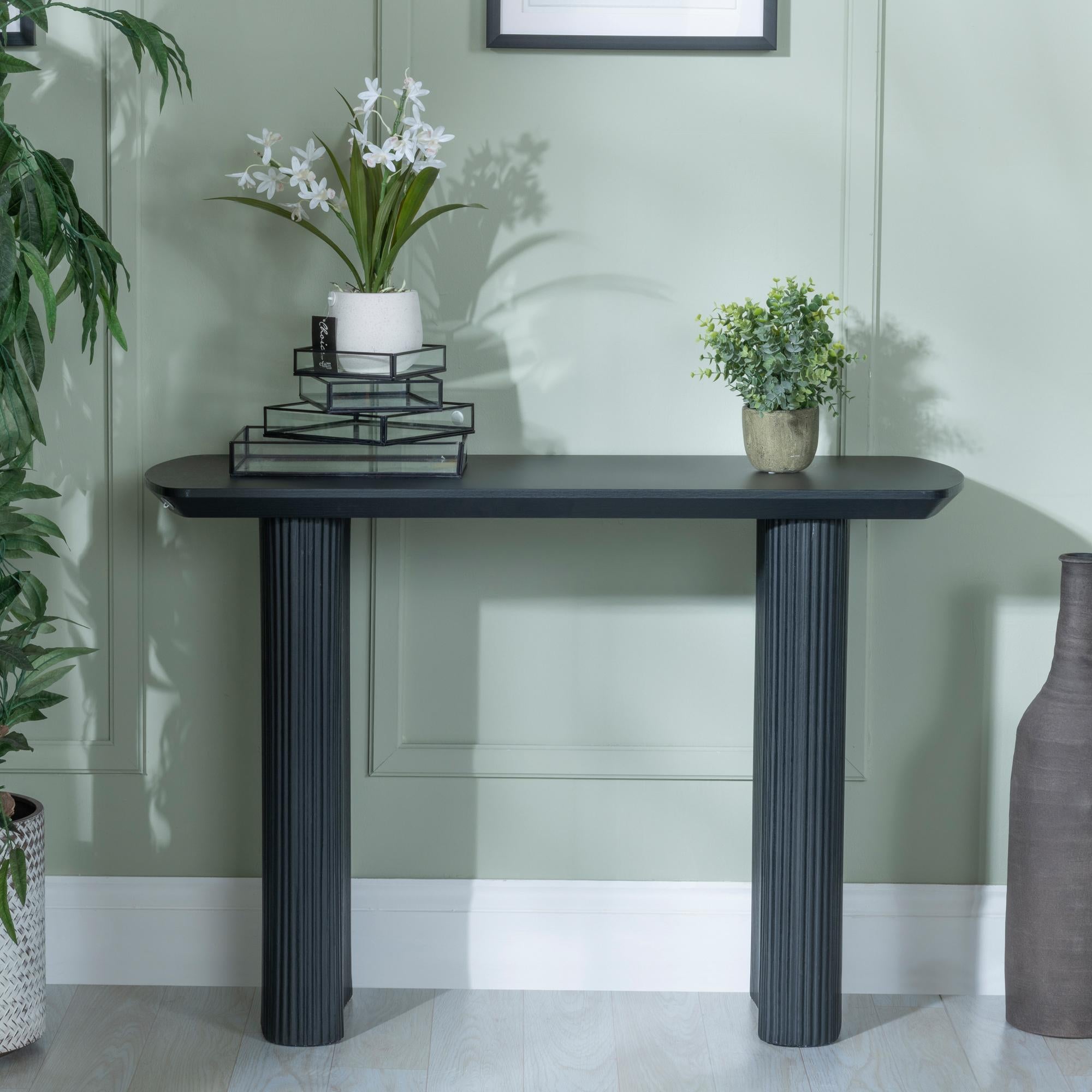 Renzo Black Oval Console Table with Fluted Ribbed Double Pedestal Base