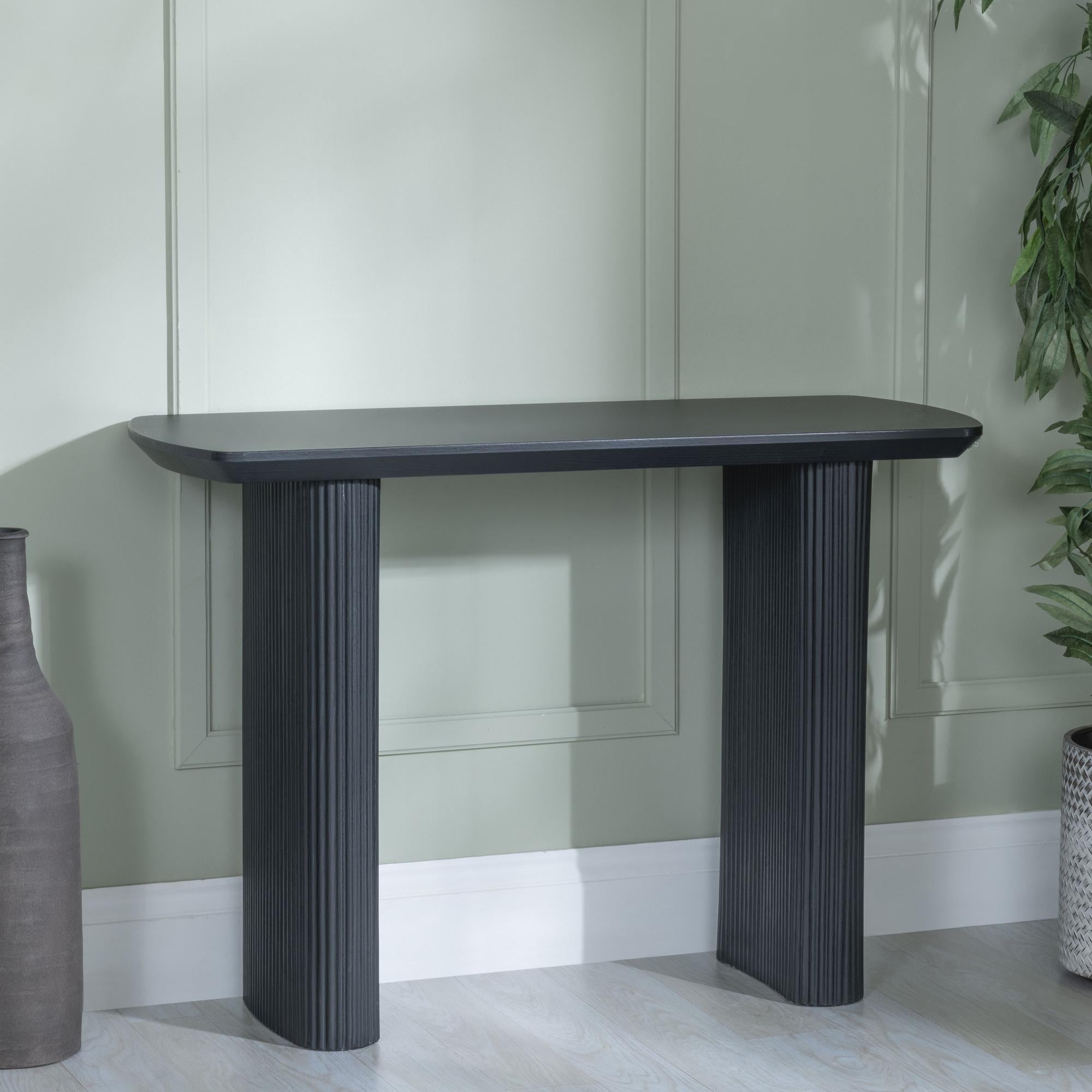 Renzo Black Oval Console Table with Fluted Ribbed Double Pedestal Base