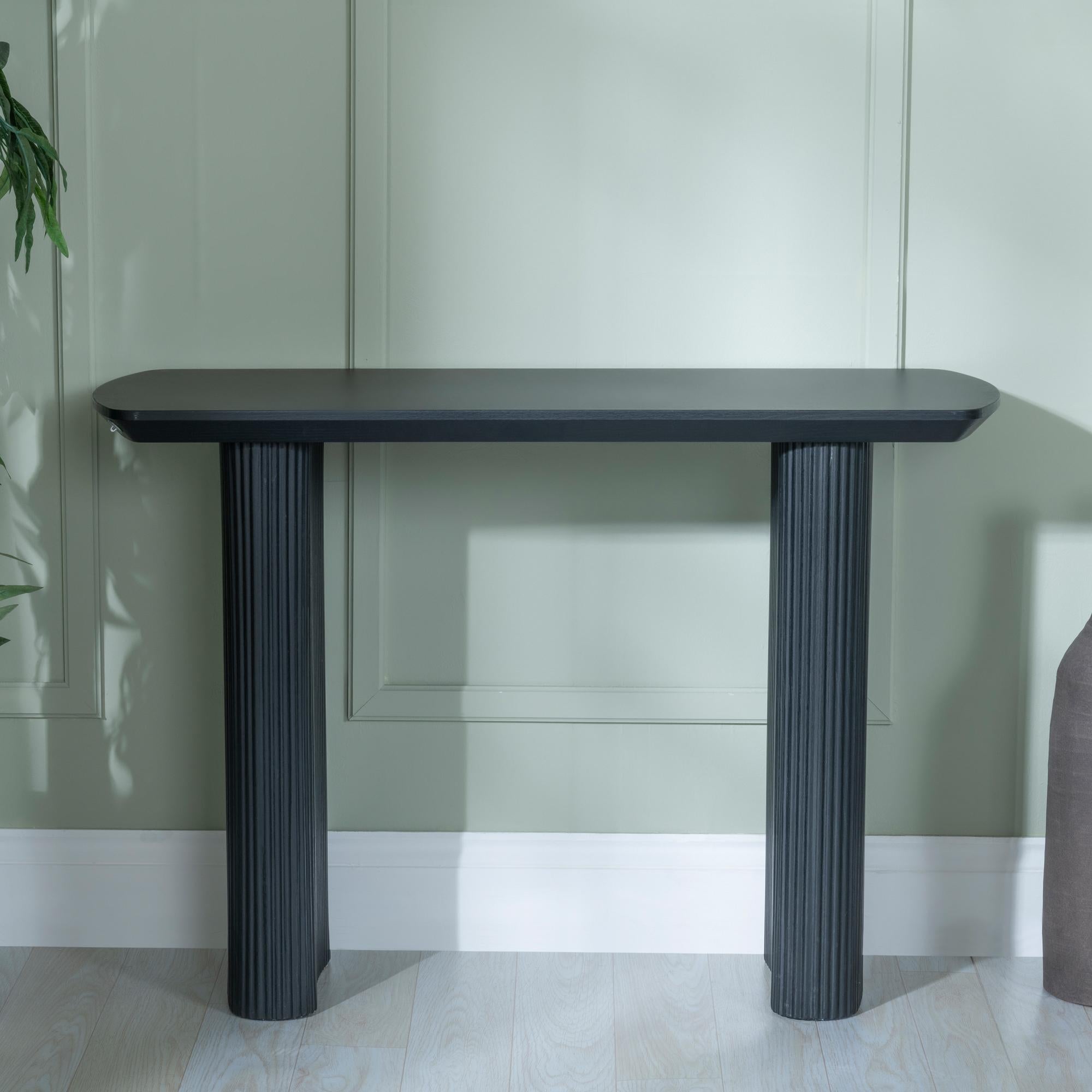 Renzo Black Oval Console Table with Fluted Ribbed Double Pedestal Base