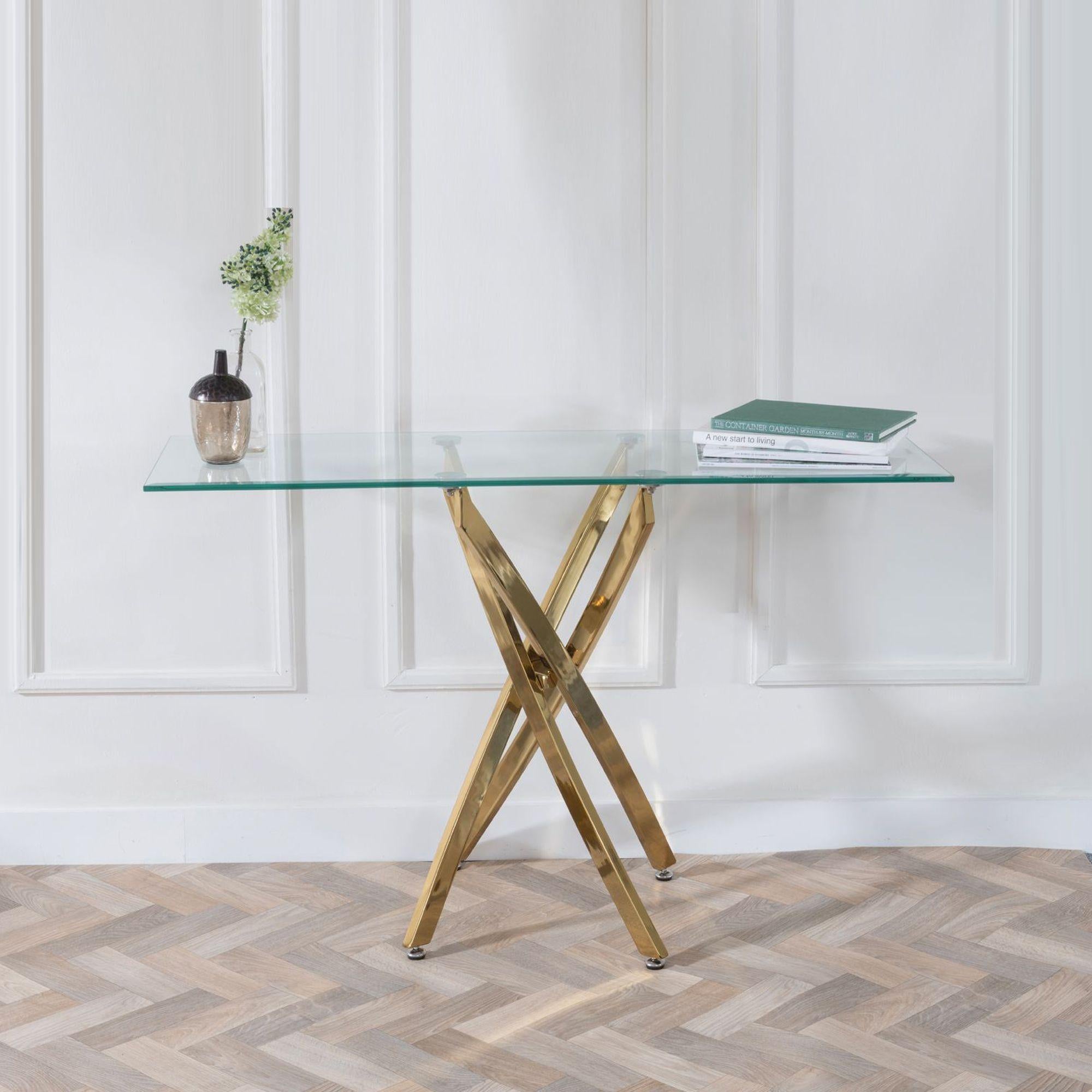 Sutton Clear Glass and Gold Console Table - 120cm Tempered Top