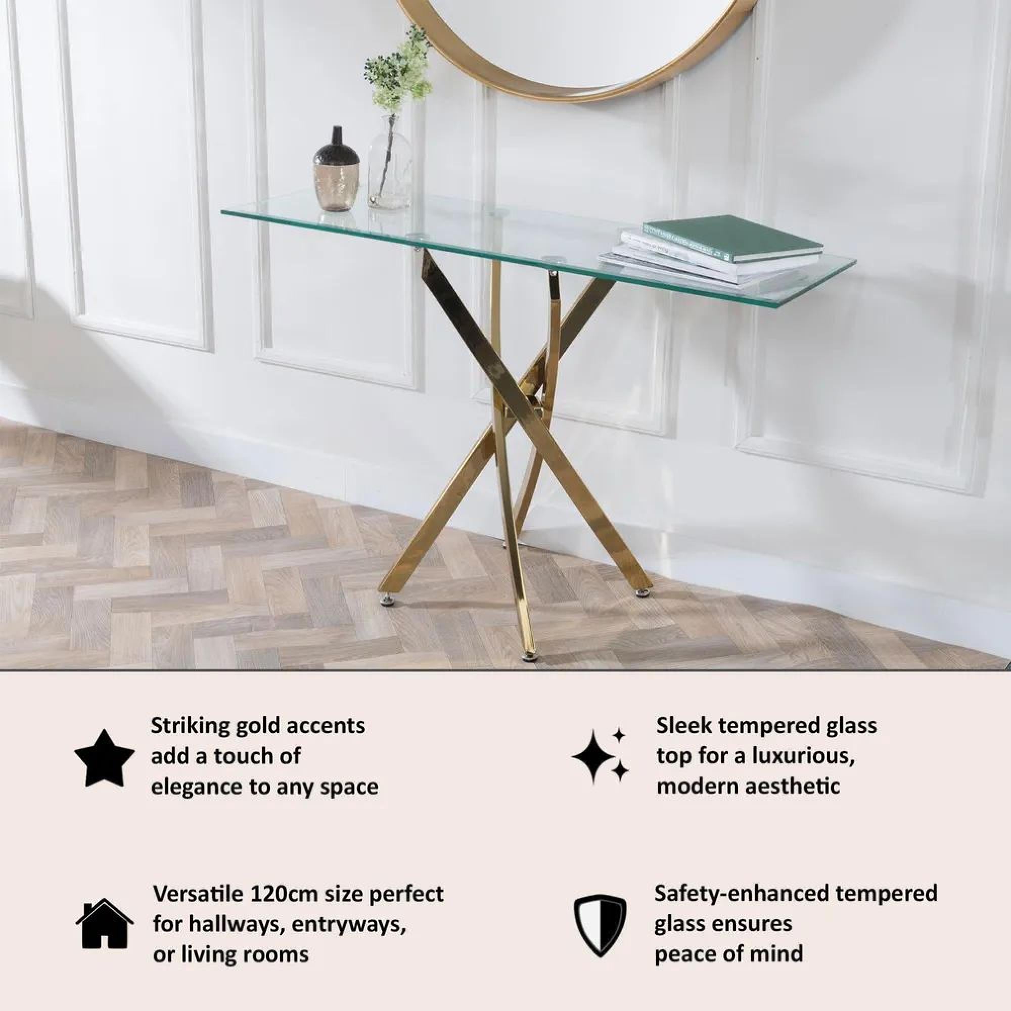Sutton Clear Glass and Gold Console Table - 120cm Tempered Top