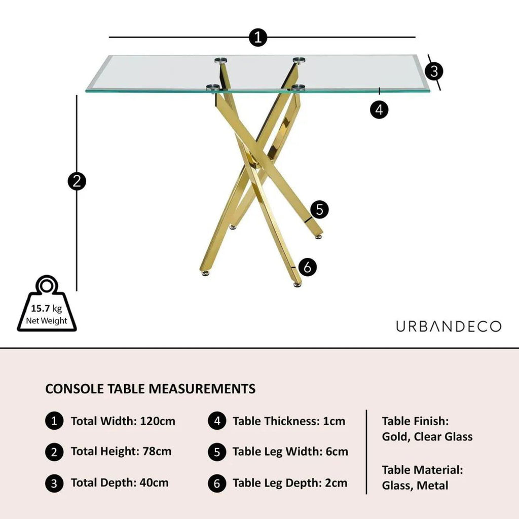 Sutton Clear Glass and Gold Console Table - 120cm Tempered Top