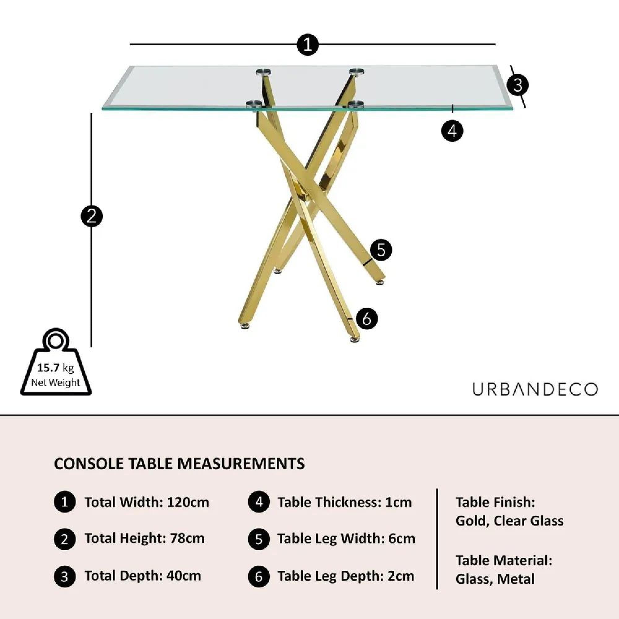 Sutton Clear Glass and Gold Console Table - 120cm Tempered Top