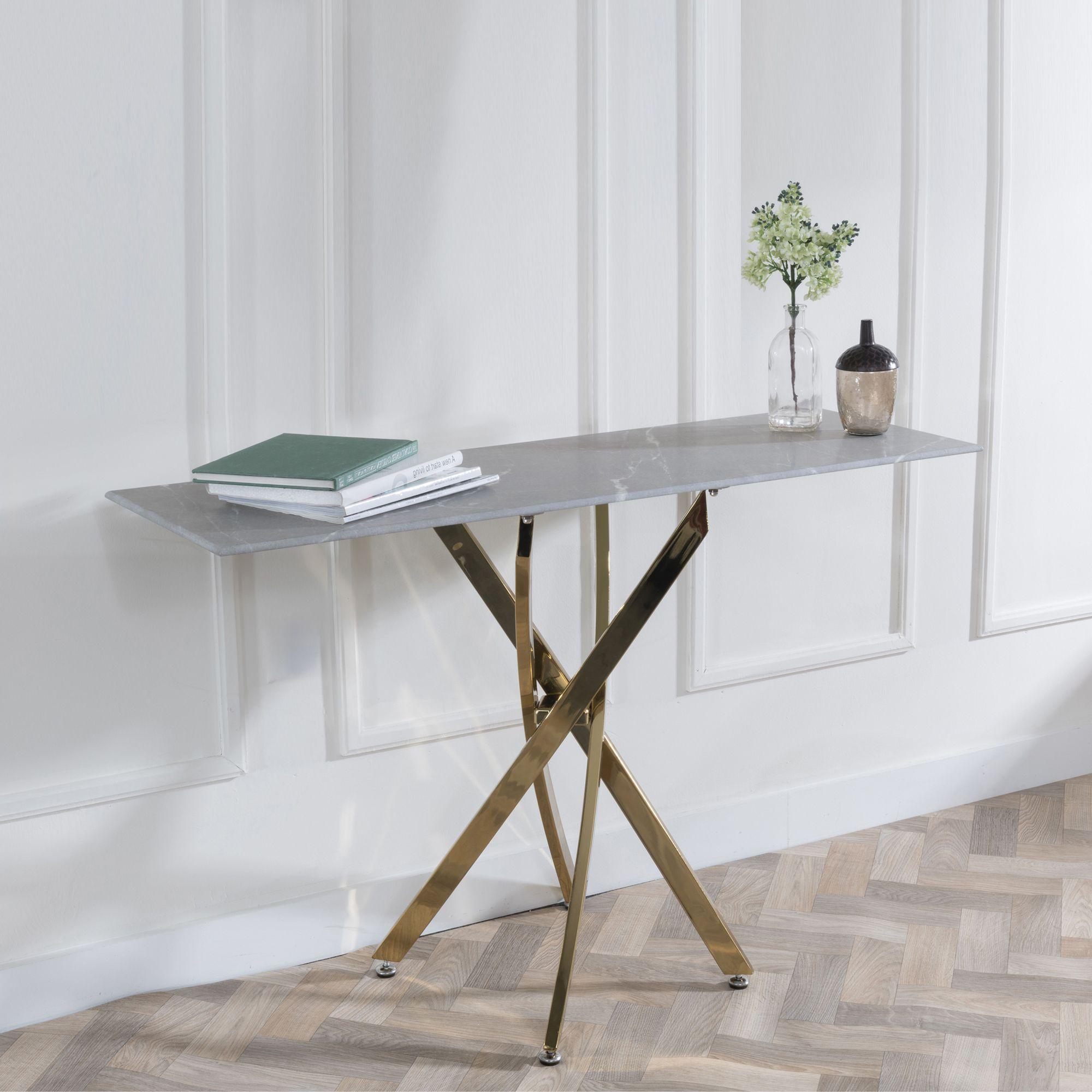 Sutton Grey and Gold Console Table - 120cm Glass Top with Concrete Effect