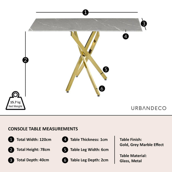 Sutton Grey and Gold Console Table - 120cm Glass Top with Concrete Effect