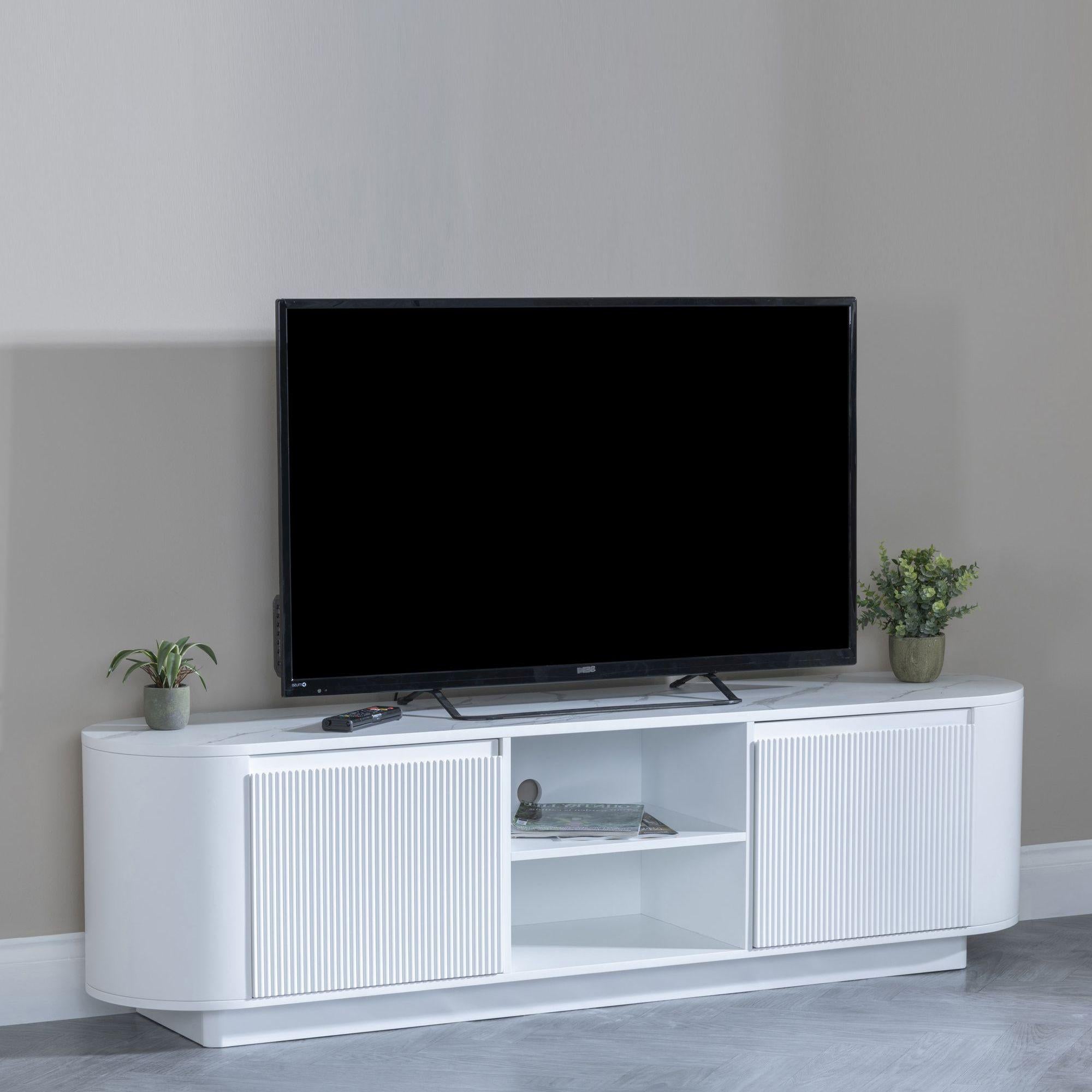 Mondrian White Melamine Top Curved Fluted TV Unit