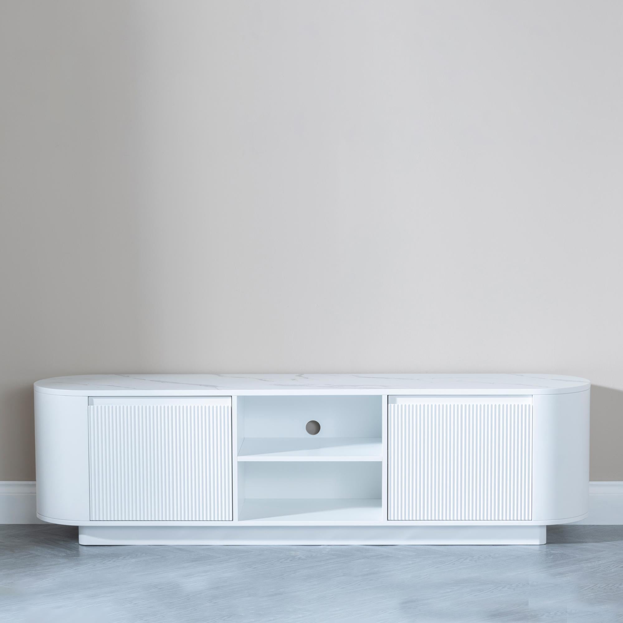 Mondrian White Melamine Top Curved Fluted TV Unit