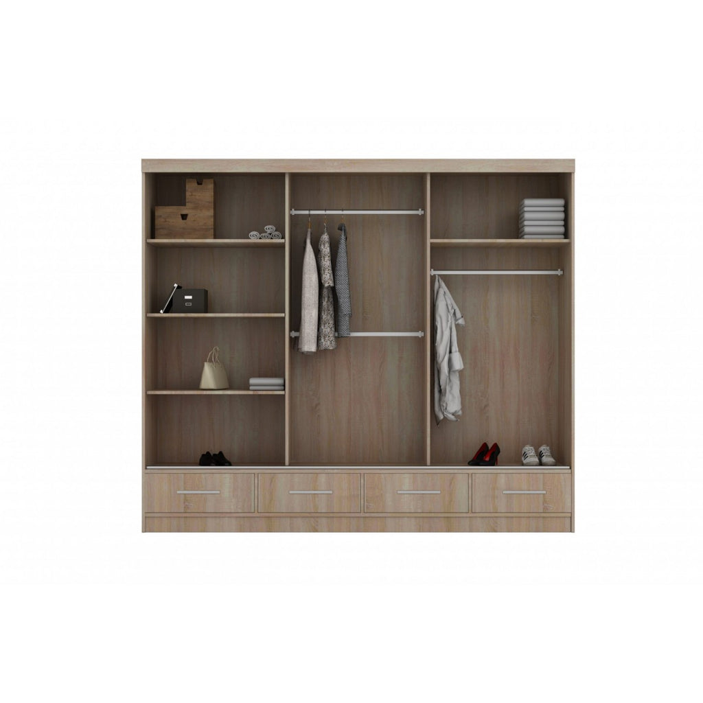SYDNEY 253CM HIGH GLOSS 3 SLIDING DOOR WARDROBE WITH MIRROR AND LED LIGHT WHITE & GOLD