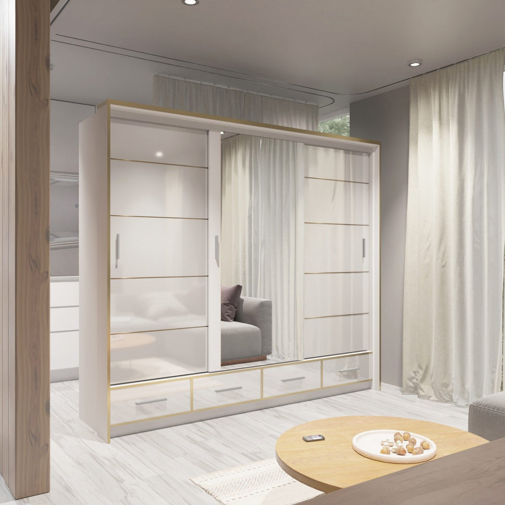 SYDNEY 253CM HIGH GLOSS 3 SLIDING DOOR WARDROBE WITH MIRROR AND LED LIGHT WHITE & GOLD
