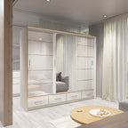 SYDNEY 253CM HIGH GLOSS 3 SLIDING DOOR WARDROBE WITH MIRROR AND LED LIGHT WHITE & GOLD